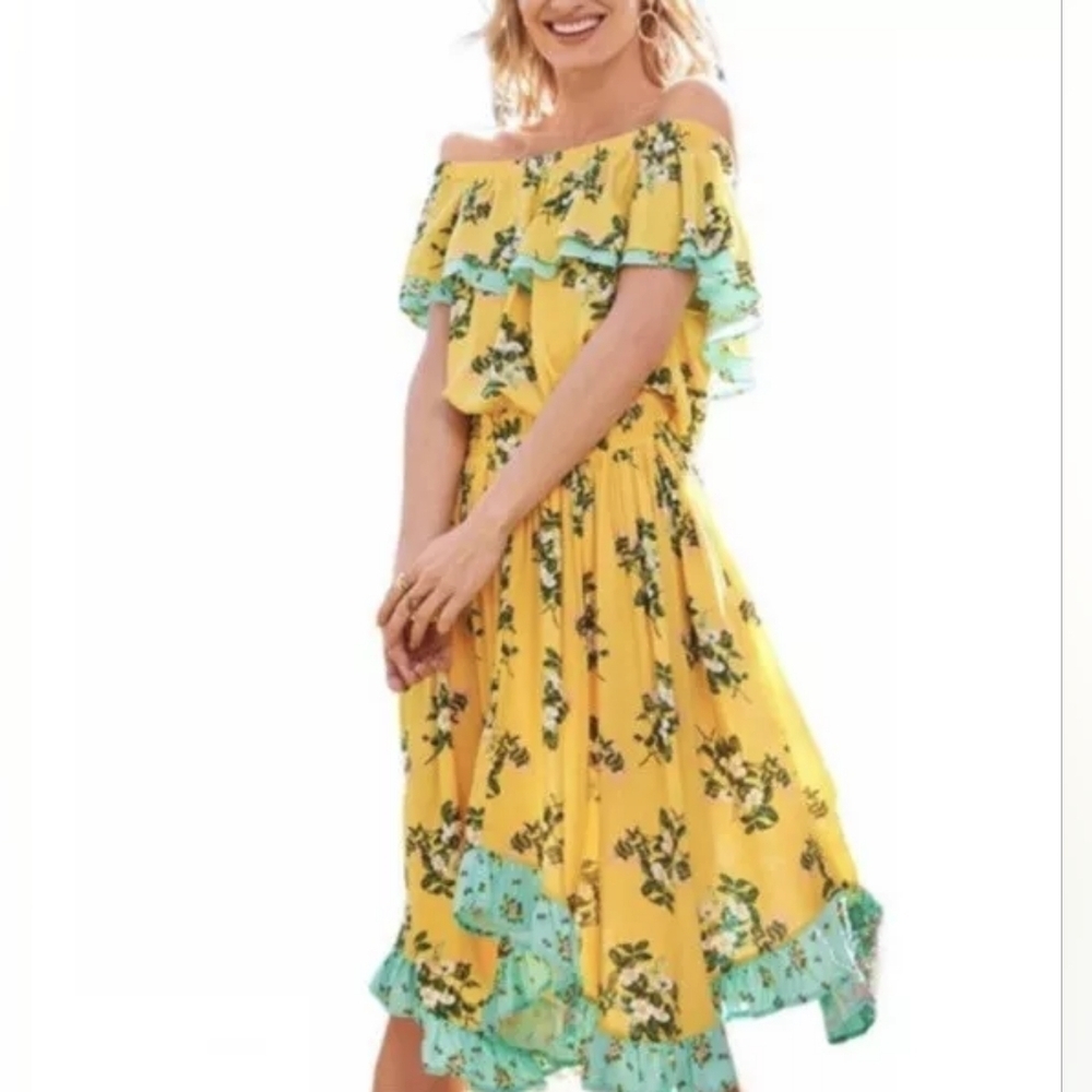 Matilda Jane Hooked On A Feeling Yellow Floral Off Shoulder Dress Size large